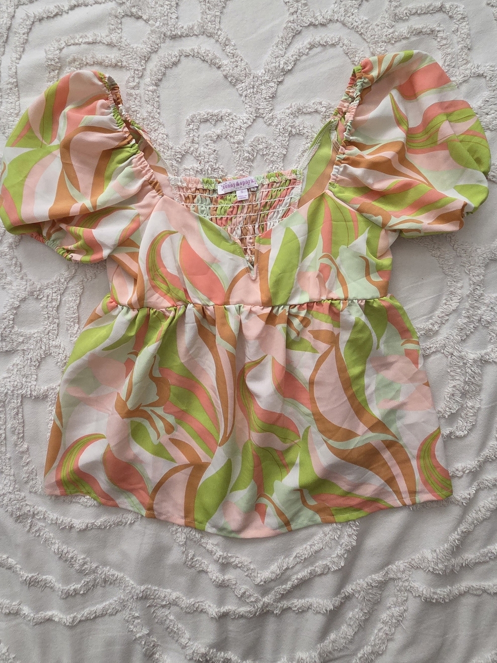 Smocked Puff-Sleeve Crop Top in Pastel Swirl
